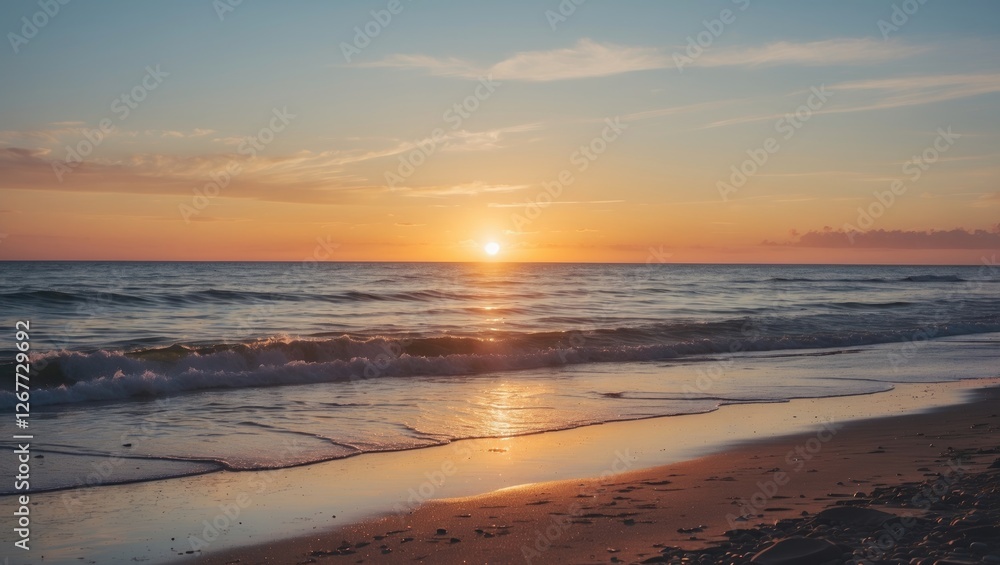 Sunset over calm ocean waves reflecting warm colors on sandy beach with clear sky and clouds, Copy Space available Sunset over calm ocean waves reflecting warm colors on sandy beach with clear sky and clouds, Copy Space available