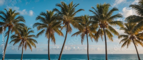 Coastal landscape featuring tropical palm trees against a blue sky and ocean with waves and clouds in the background Copy Space photo