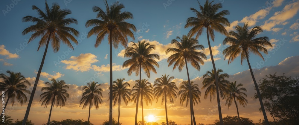 Tropical landscape with silhouettes of palm trees against a vibrant sunset sky and clouds Copy Space Tropical landscape with silhouettes of palm trees against a vibrant sunset sky and clouds Copy Space