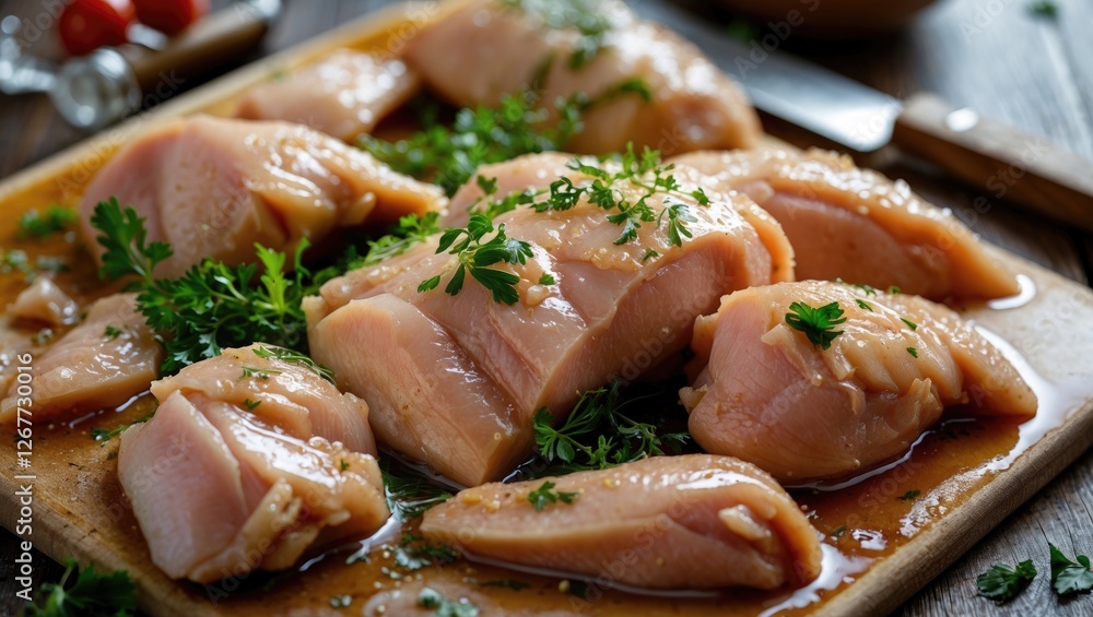 Raw chicken breasts marinated with herbs on a wooden cutting board with copy space Raw chicken breasts marinated with herbs on a wooden cutting board with copy space