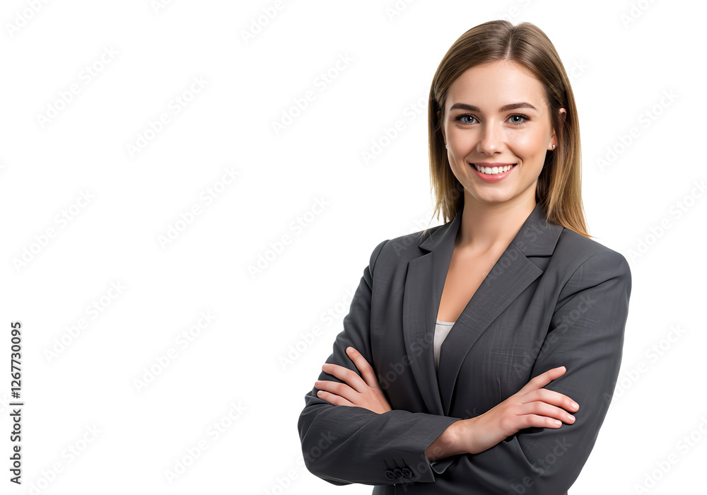 Portrait of young happy woman looks in camera, isolated Portrait of young happy woman looks in camera, isolated