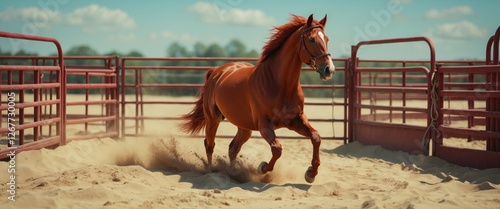 Running chestnut horse in sandy enclosure with corral fencing against blue sky and clouds Copy Space