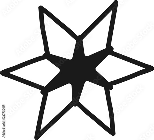 Hand drawn eight pointed star features a bold black outline and a prominent dark center, creating a captivating visual element suitable for various design applications