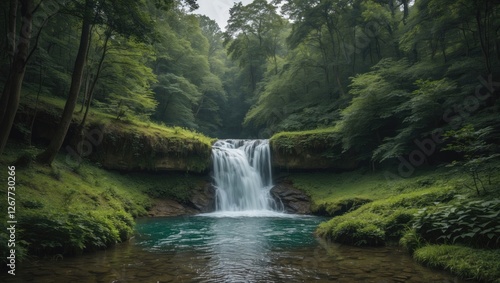 Lush green forest with cascading waterfall and tranquil pool in serene natural setting Copy Space