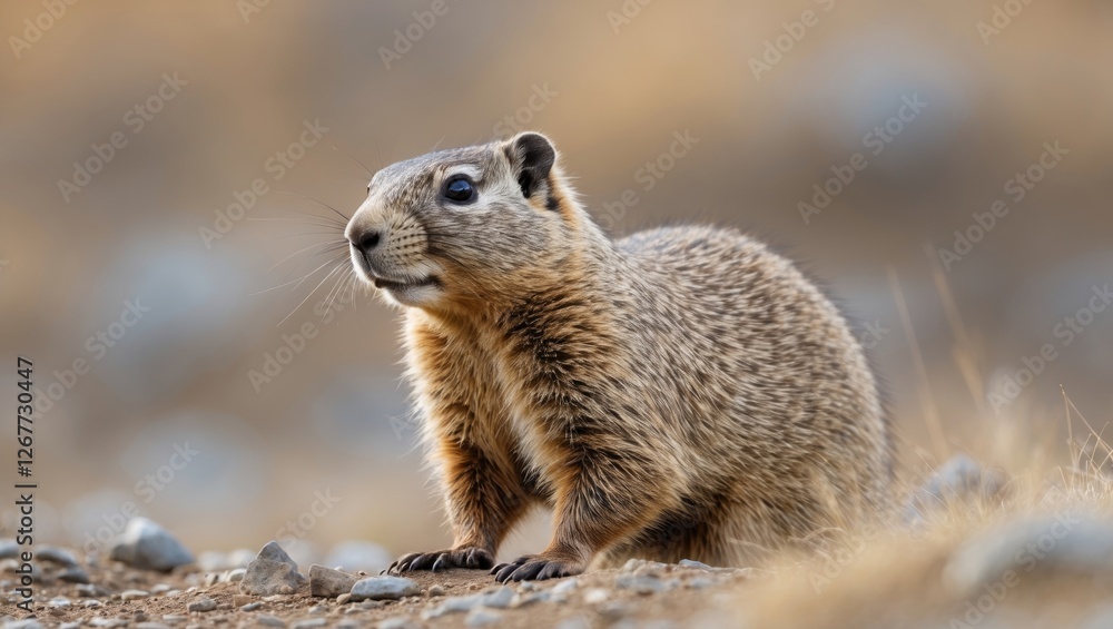 Fototapeta premium Close-up of a small furry mammal sitting on the ground in a natural setting with rocks and soft focus background and Copy Space