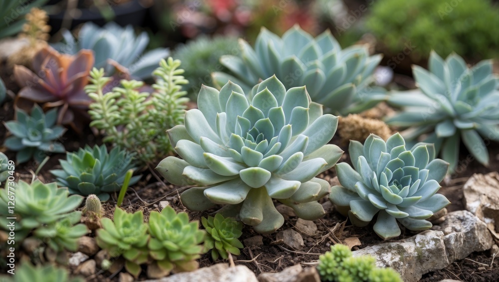 Variety of succulent plants in a garden bed with rocks and soil background showing vibrant green and blue tones Copy Space Variety of succulent plants in a garden bed with rocks and soil background showing vibrant green and blue tones Copy Space