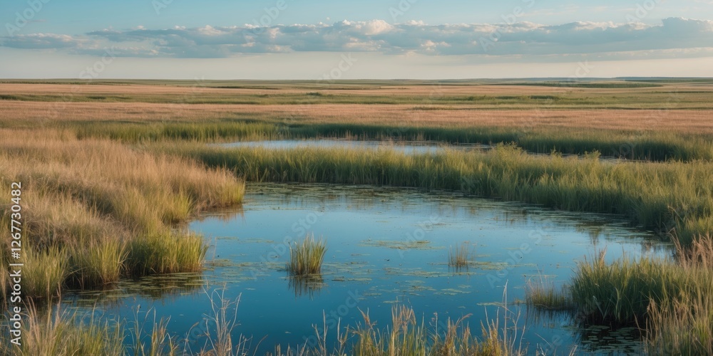 Wetland landscape with grassy marshes and a calm pond reflecting clouds under a blue sky in natural lighting Copy Space Wetland landscape with grassy marshes and a calm pond reflecting clouds under a blue sky in natural lighting Copy Space