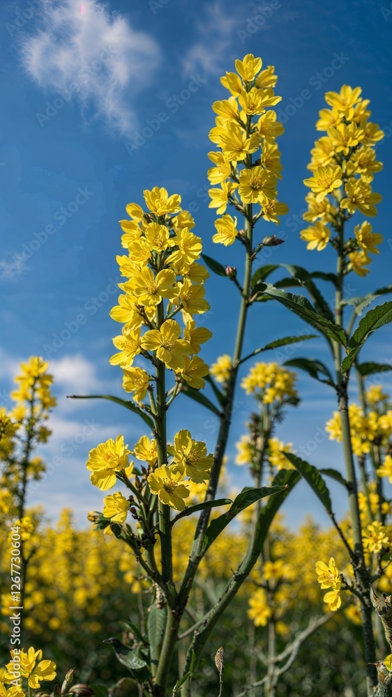 Close-up of a flower meadow in spring or summer, blue sky in the background Close-up of a flower meadow in spring or summer, blue sky in the background