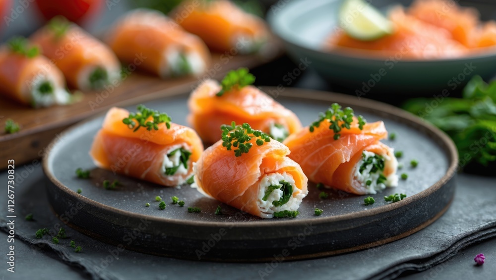 Salmon and cream cheese rolls garnished with fresh herbs on a dark plate with a blurred background of sushi and lime slices Copy Space Salmon and cream cheese rolls garnished with fresh herbs on a dark plate with a blurred background of sushi and lime slices Copy Space