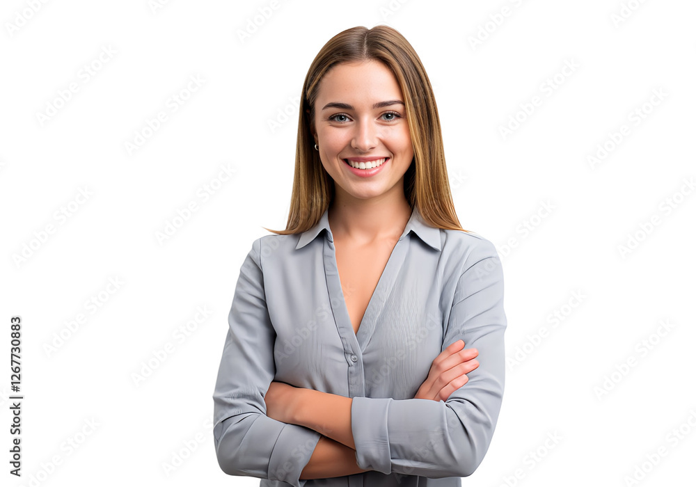 Portrait of young happy woman looks in camera, isolated Portrait of young happy woman looks in camera, isolated