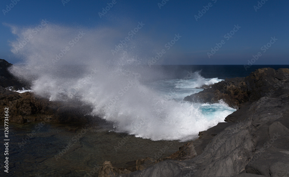 Gran Canaria, views around salt evaporation ponds Salinas el Bufadero close to a blowhole Bufadero in the coast of Arucas municipality Gran Canaria, views around salt evaporation ponds Salinas el Bufadero close to a blowhole Bufadero in the coast of Arucas municipality
