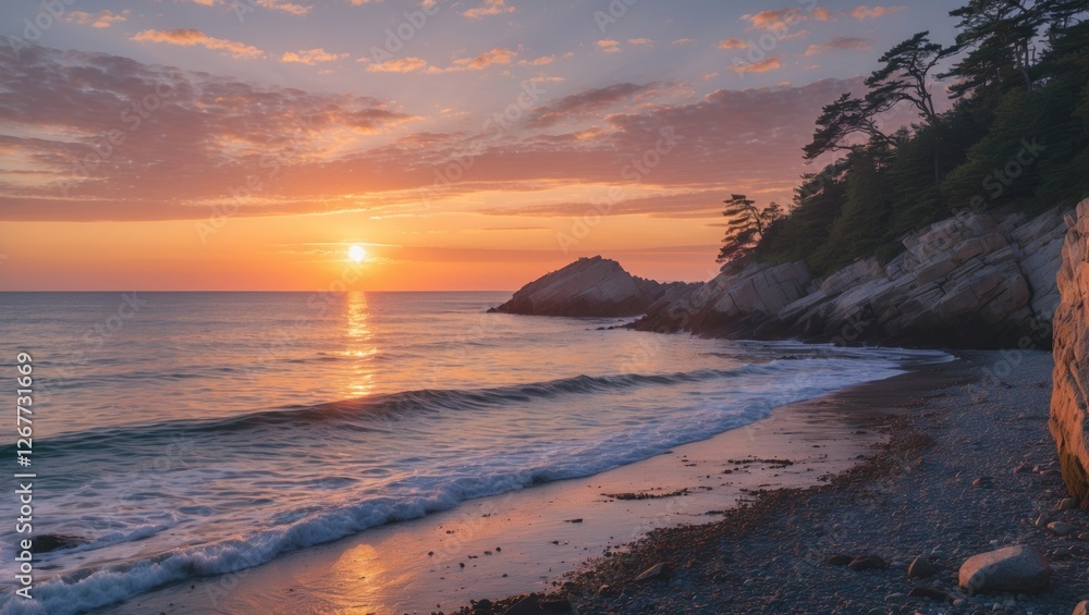 Sunset over rocky beach with gentle waves and silhouetted trees in the background providing Copy Space for text placement Sunset over rocky beach with gentle waves and silhouetted trees in the background providing Copy Space for text placement