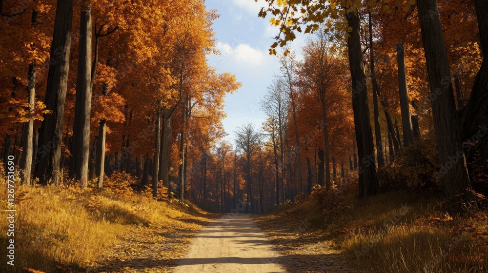 Obraz premium Autumnal forest path, sunlight, fall foliage, nature scene, idyllic landscape, wallpaper