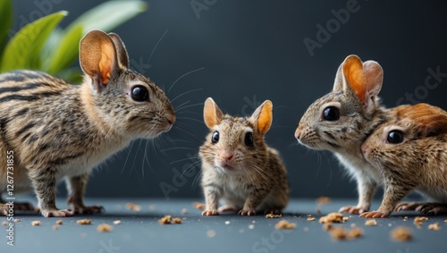 Group of adorable small mammals with big ears on a dark background with leaves and scattered food, featuring a variety of poses and expressions