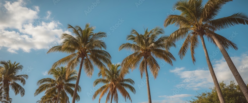 Obraz premium Tropical palm trees against a blue sky with clouds showcasing nature and summer vibes Copy Space