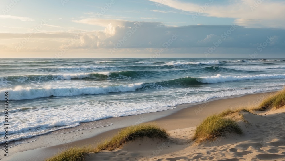 Ocean waves crashing on sandy beach at sunset with grass in the foreground and clouds in the sky Copy Space Ocean waves crashing on sandy beach at sunset with grass in the foreground and clouds in the sky Copy Space