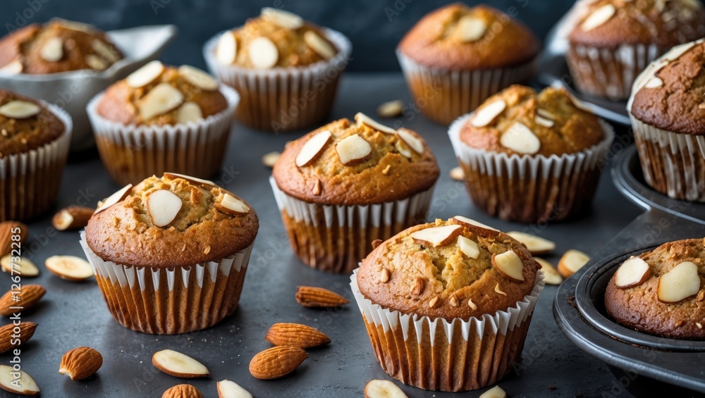 Freshly baked almond muffins arranged on a dark surface with almonds scattered around and copy space for text placement. Freshly baked almond muffins arranged on a dark surface with almonds scattered around and copy space for text placement.