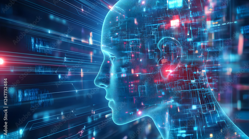 digital representation of human head with glowing circuits and data streams symbolizes integration of technology and artificial intelligence in modern society digital representation of human head with glowing circuits and data streams symbolizes integration of technology and artificial intelligence in modern society