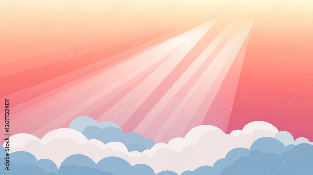Sun rays breaking through pink and orange sky above clouds. Sun rays breaking through pink and orange sky above clouds.