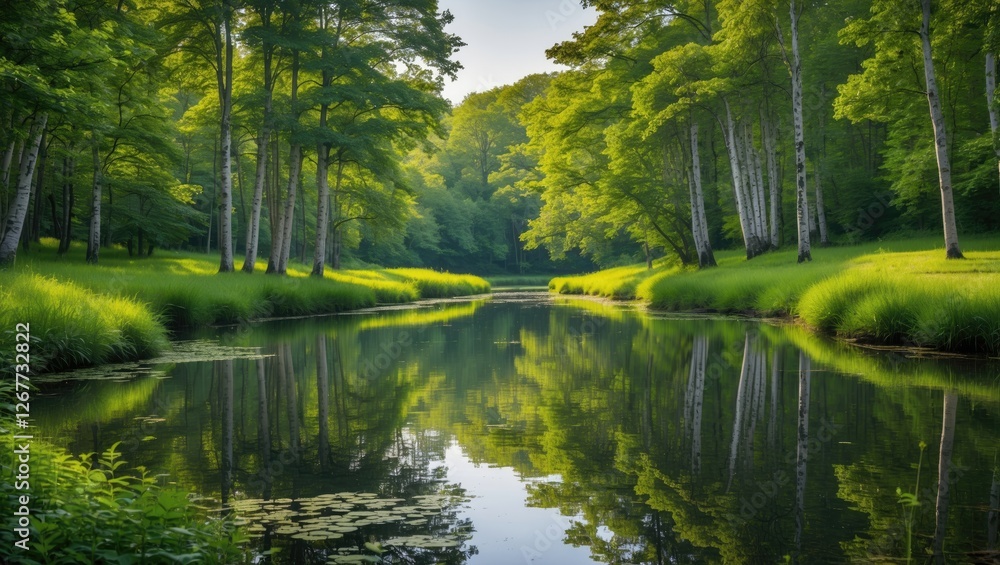 Obraz premium Tranquil landscape with lush green trees and a calm reflective river surrounded by vibrant grass Copy Space
