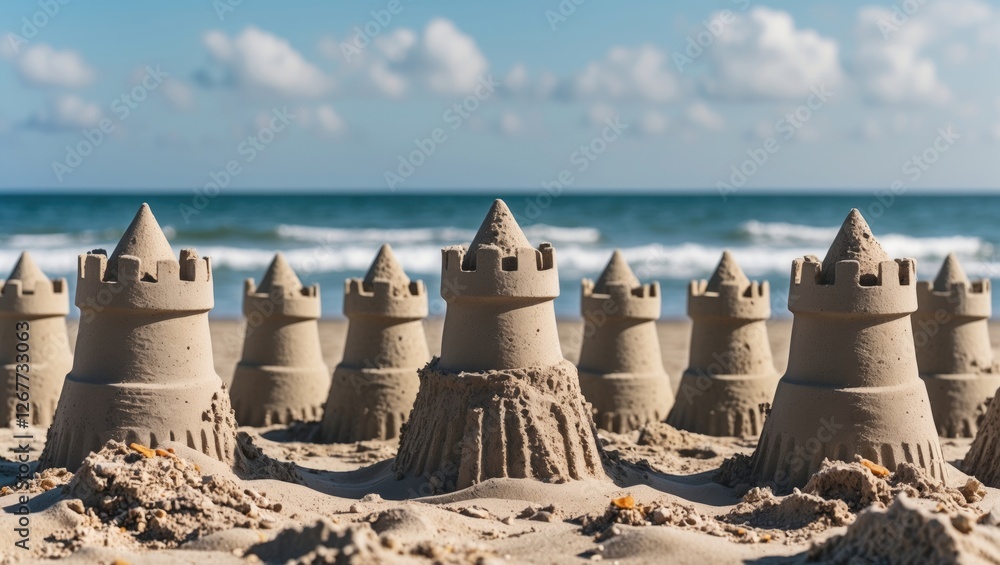 Naklejka premium Sandcastles on a Beach with Ocean Waves in Background and Clear Blue Sky Creativity and Fun in Summer Vacation Copy Space