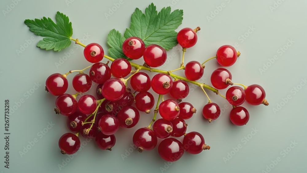 Fresh red currants with green leaves on light gray background isolated with copy space Fresh red currants with green leaves on light gray background isolated with copy space