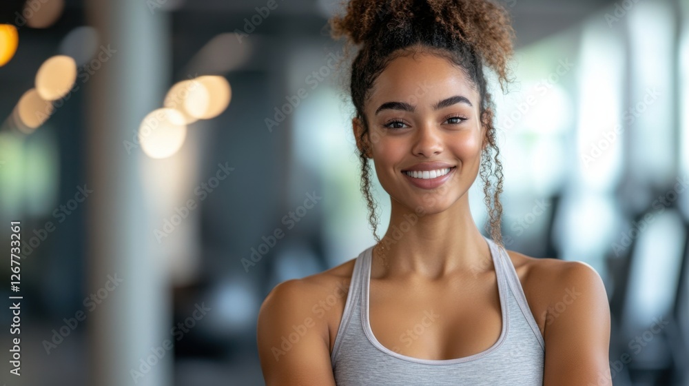 A smiling woman in a vibrant workout outfit stands confidently in a brightly lit gym, surrounded by modern fitness equipment A smiling woman in a vibrant workout outfit stands confidently in a brightly lit gym, surrounded by modern fitness equipment