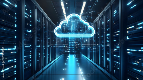 A futuristic cloud icon floating above a state-of-the-art server room, radiating with vibrant digital connections symbolizing cloud storage and data transfer. 