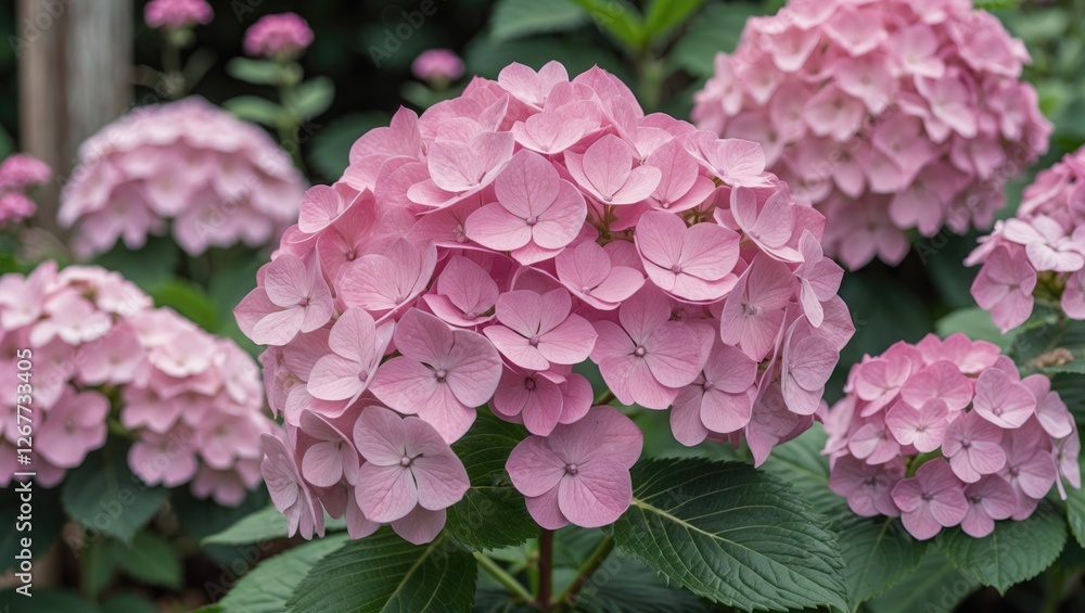 Pink hydrangea flowers in garden setting with lush green leaves and soft focus background creating a natural botanical composition Copy Space Pink hydrangea flowers in garden setting with lush green leaves and soft focus background creating a natural botanical composition Copy Space