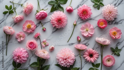 Wallpaper Mural Assorted pink flowers arranged on marble background with green leaves Copy Space Torontodigital.ca