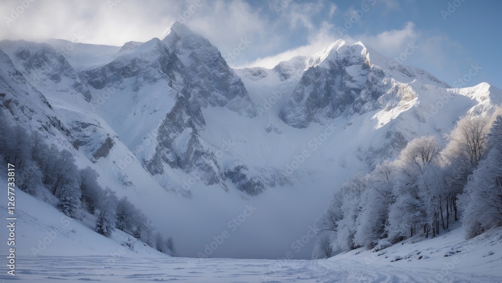 Snowy mountain landscape with trees and fog in winter season, serene natural scenery, Copy Space Snowy mountain landscape with trees and fog in winter season, serene natural scenery, Copy Space