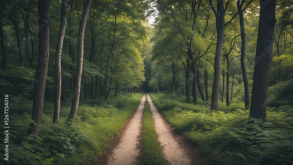 Fototapeta premium Road through a dense forest with lush green trees on both sides on a sunny day with visible dirt path and foliage Copy Space