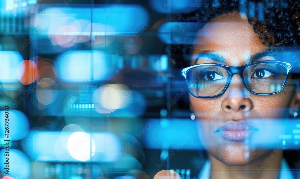 A focused individual examines data on a digital interface, surrounded by vibrant, abstract visuals, embodying technology and concentration. A focused individual examines data on a digital interface, surrounded by vibrant, abstract visuals, embodying technology and concentration.