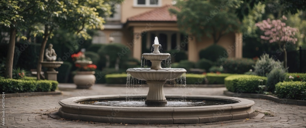 Elegant stone fountain in a beautifully landscaped garden surrounded by manicured hedges and blooming flowers Copy Space Elegant stone fountain in a beautifully landscaped garden surrounded by manicured hedges and blooming flowers Copy Space