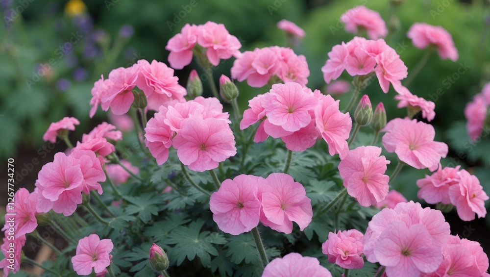 Pink geranium flowers in full bloom surrounded by green foliage with soft focus background and ample copy space. Pink geranium flowers in full bloom surrounded by green foliage with soft focus background and ample copy space.