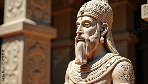 Sacred Indus Valley priest-king statue with powerful and grand presence featuring detailed carving and elaborate headdress and robe