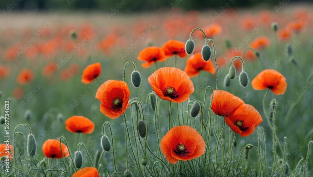 Obraz premium Field of vibrant red poppy flowers with green stems and pods in natural setting, floral landscape with Copy Space for text placement