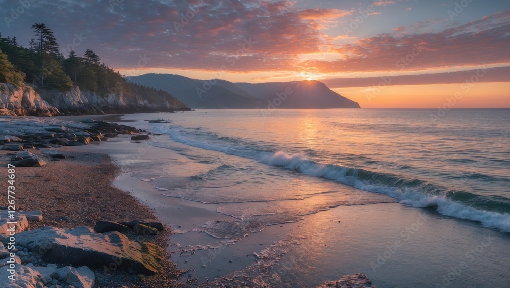 Obraz premium Beach landscape at sunset with gentle waves and rocky shoreline illuminated by warm light, peaceful coastal scenery with mountains in background