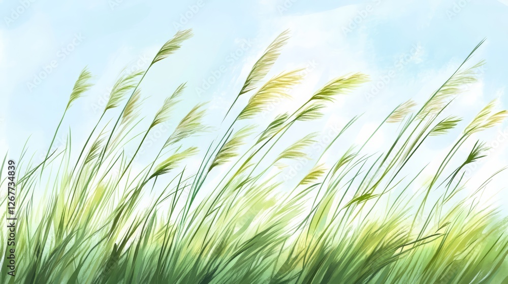 Fototapeta premium Tall grass swaying erratically in a strong wind, blurred motion adding instability