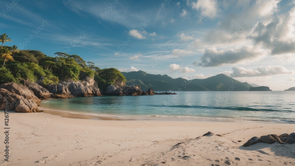 Obraz premium Secluded tropical beach with calm waters, rocky formations, and distant mountains under a partly cloudy sky, Copy Space
