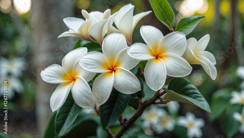 White plumeria flowers with yellow centers in lush green foliage natural setting with soft sunlight Copy Space