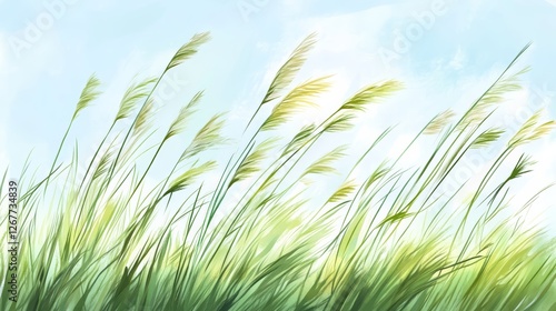 Tall grass swaying erratically in a strong wind, blurred motion adding instability photo