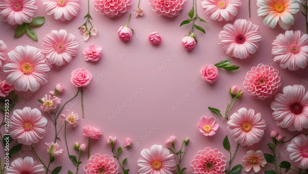 Obraz premium Soft pink floral arrangement with various flower types on a pastel pink background with copy space for text