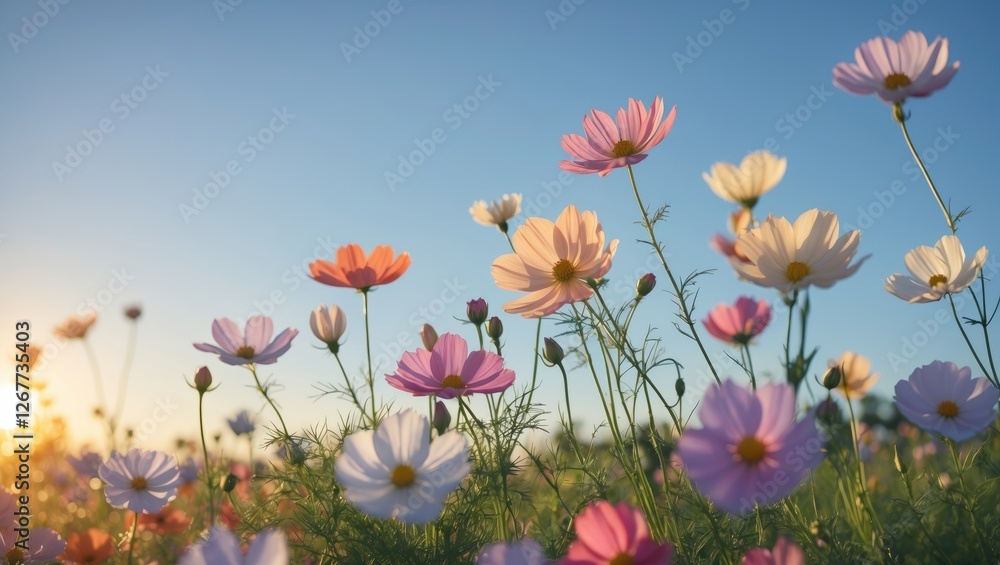 Field of colorful flowers under a clear blue sky with sunlight during golden hour, ideal for nature backgrounds and designs Copy Space Field of colorful flowers under a clear blue sky with sunlight during golden hour, ideal for nature backgrounds and designs Copy Space