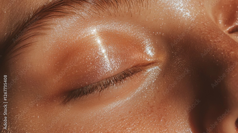 Fototapeta premium Close-up of a person's eye. the eye is closed and the eyelashes are slightly curled. the skin around the eye appears to be fair and shiny. the person's nose is visible on the right side of the image.