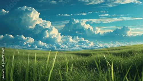 Lush green grass field under blue sky with fluffy clouds and vibrant sunlight natural landscape Copy Space photo