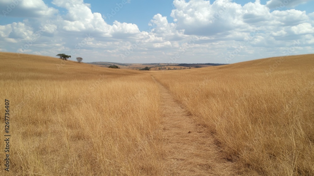 Fototapeta premium Dry grassland path, hills, blue sky, clouds; travel brochure