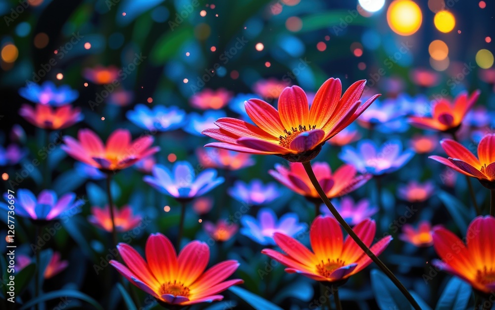 A stunning close-up of vibrant, glowing flowers in full bloom, illuminated with soft golden light. A stunning close-up of vibrant, glowing flowers in full bloom, illuminated with soft golden light.