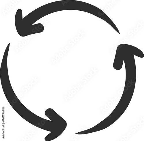 Circular economy concept with three rotating arrows forming a continuous loop, symbolizing the cyclical process of resource use, reuse, and recycling