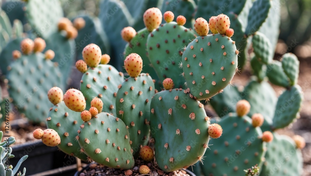 Prickly pear cactus with vibrant pads and fruit in natural outdoor setting with soft focus background and ample copy space Prickly pear cactus with vibrant pads and fruit in natural outdoor setting with soft focus background and ample copy space